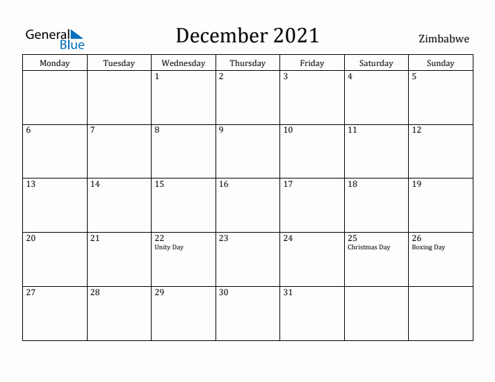December 2021 Calendar Zimbabwe