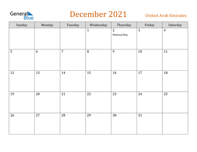 United Arab Emirates December 2021 Calendar With Holidays