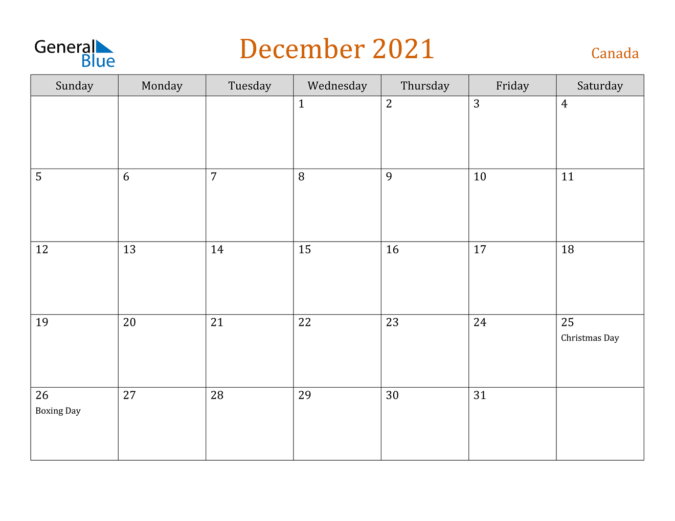 December 2021 Calendar Canada