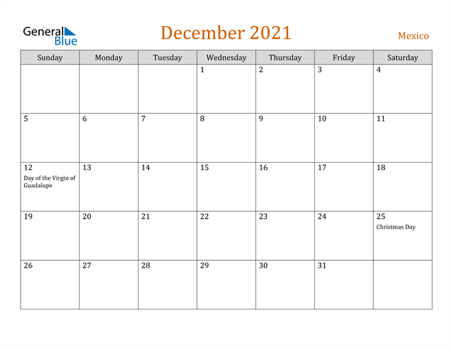 December 2021 Holiday Calendar