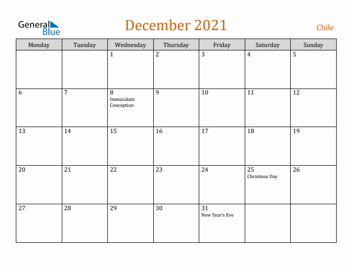 December 2021 Holiday Calendar with Monday Start