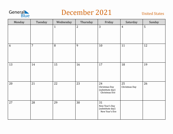 December 2021 Holiday Calendar with Monday Start