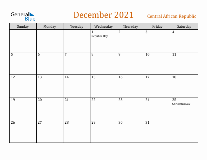 December 2021 Holiday Calendar with Sunday Start