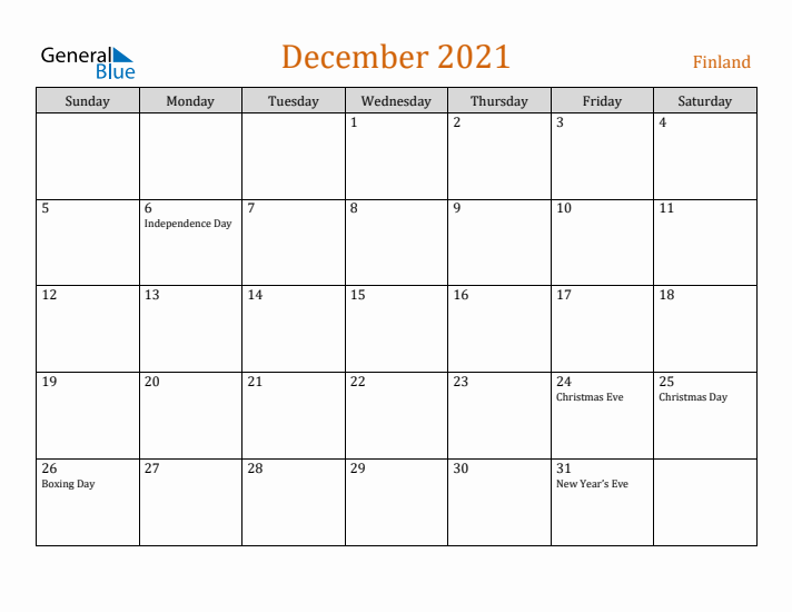 December 2021 Holiday Calendar with Sunday Start