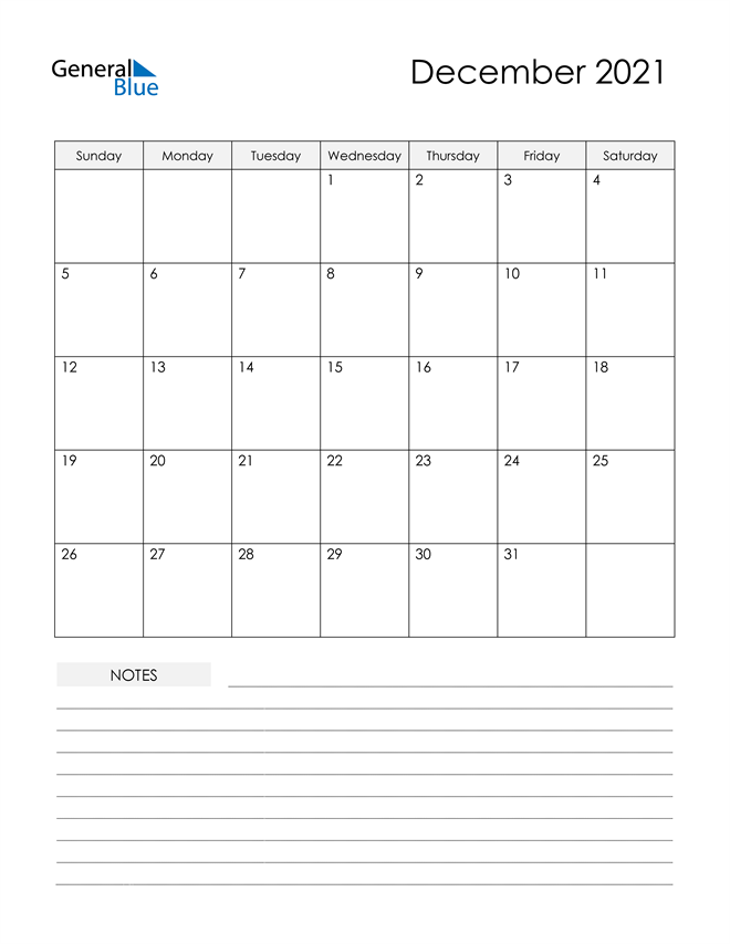  Printable Calendar with Notes - December 2021