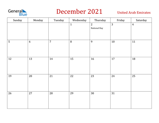United Arab Emirates December 2021 Calendar