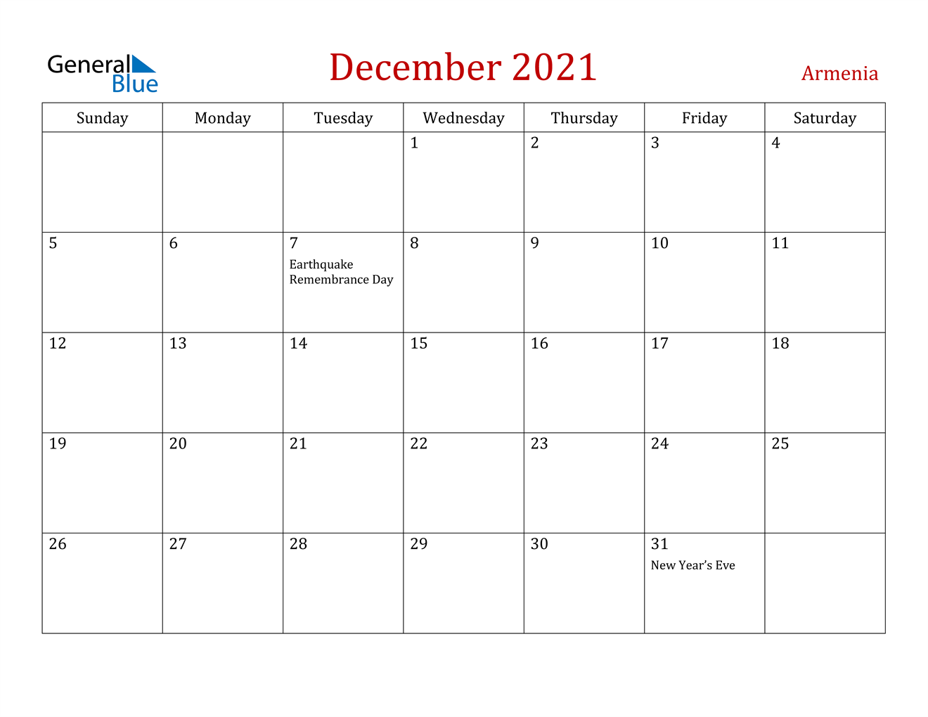December 2021 Calendar - Armenia