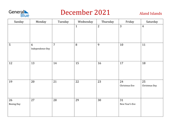 Aland Islands December 2021 Calendar