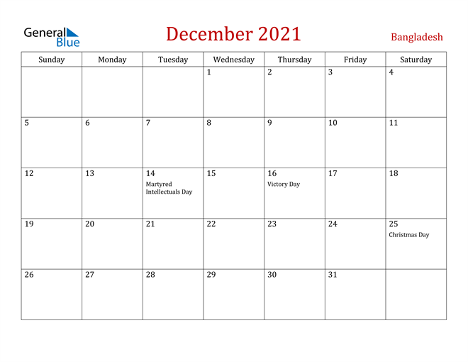 Bangladesh December 2021 Calendar