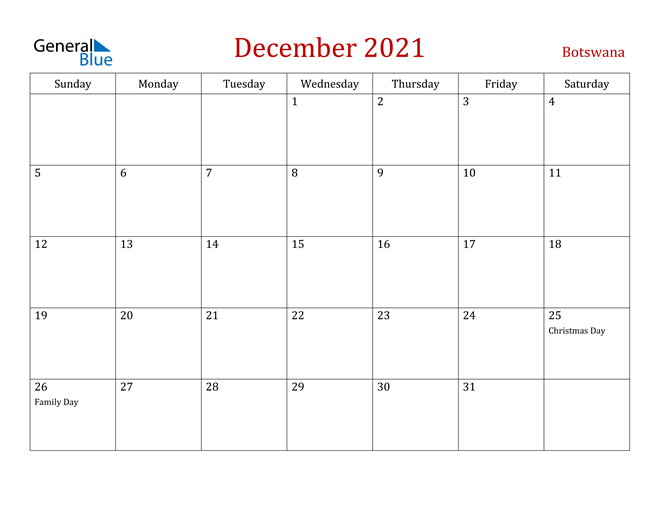 Botswana December 2021 Calendar
