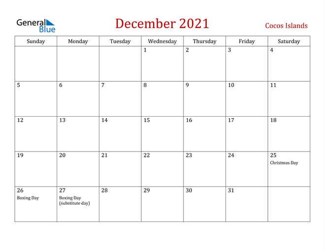 Cocos Islands December 2021 Calendar