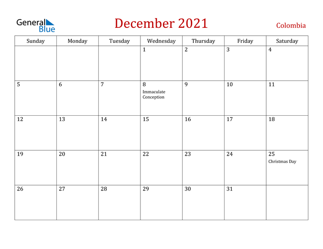 Colombia December 2021 Calendar