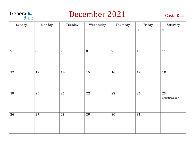 Costa Rica December 2021 Calendar