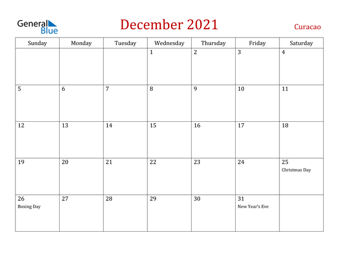 Curacao December 2021 Calendar