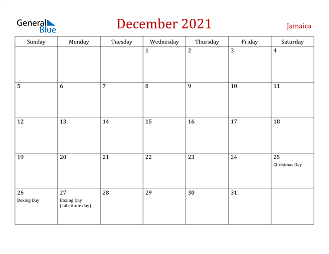 Jamaica December 2021 Calendar