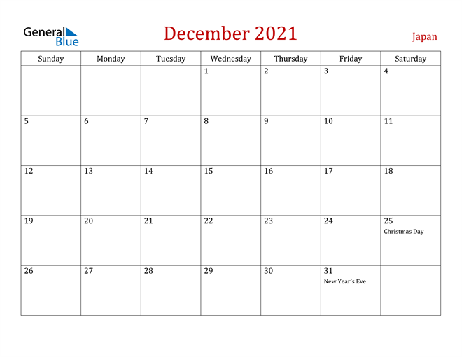Japan December 2021 Calendar