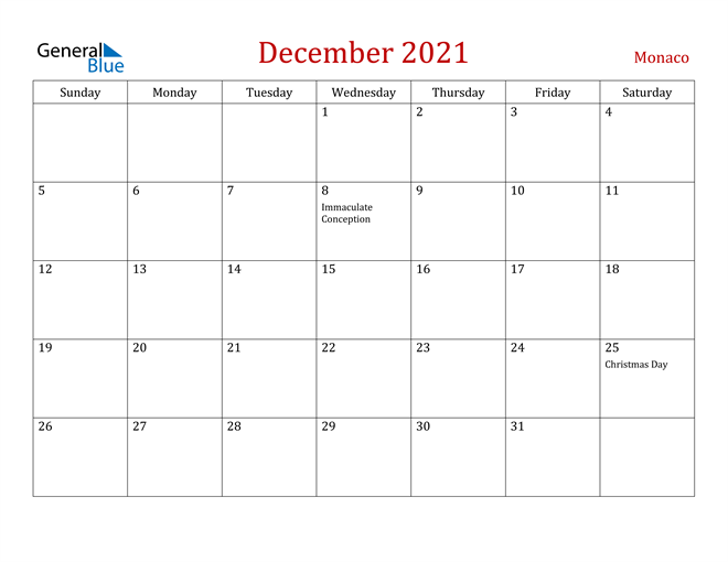 Monaco December 2021 Calendar