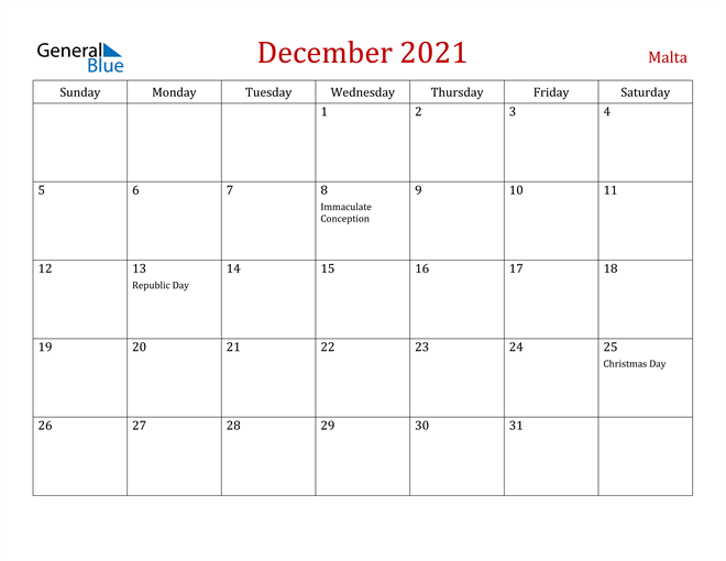 Malta December 2021 Calendar