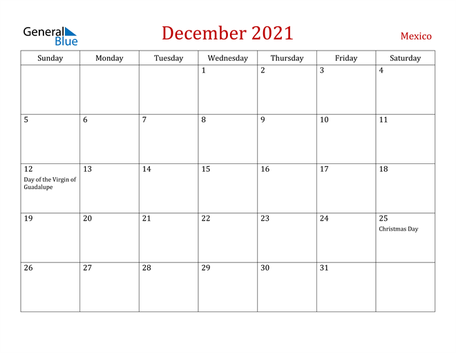 Mexico December 2021 Calendar