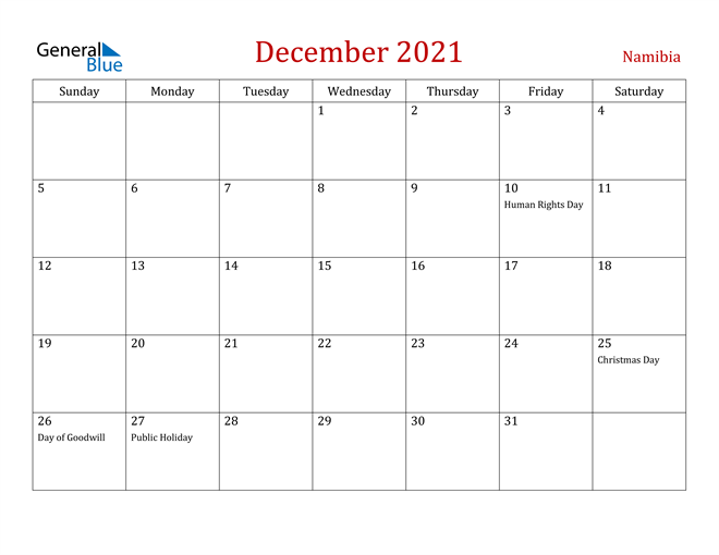 Namibia December 2021 Calendar