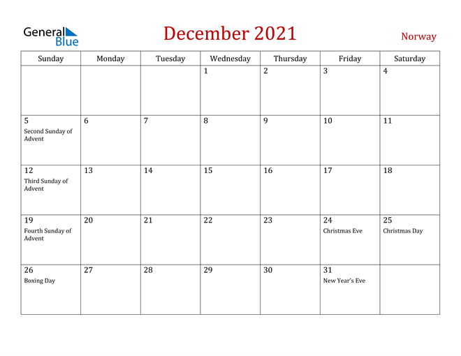 Norway December 2021 Calendar