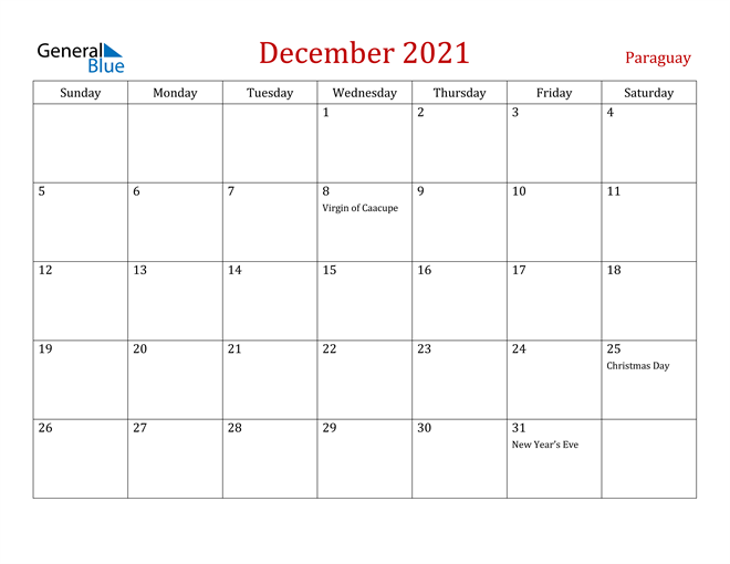 Paraguay December 2021 Calendar