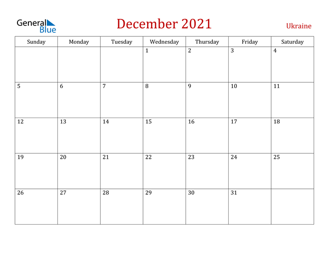 Ukraine December 2021 Calendar