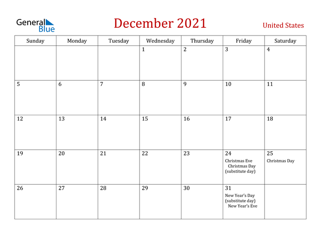 United States December 2021 Calendar