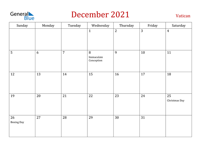Vatican December 2021 Calendar