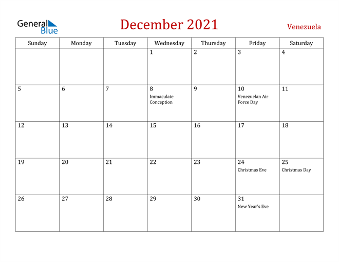 Venezuela December 2021 Calendar