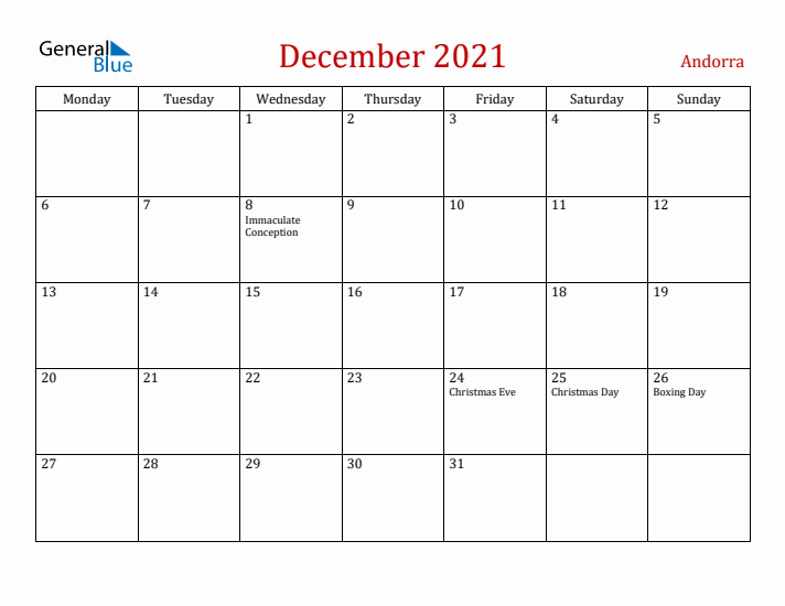 Andorra December 2021 Calendar - Monday Start