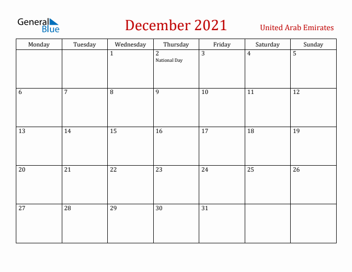 United Arab Emirates December 2021 Calendar - Monday Start