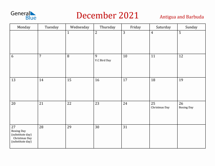 Antigua and Barbuda December 2021 Calendar - Monday Start