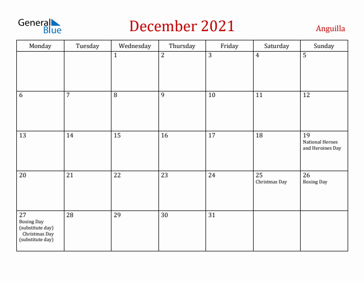 Anguilla December 2021 Calendar - Monday Start
