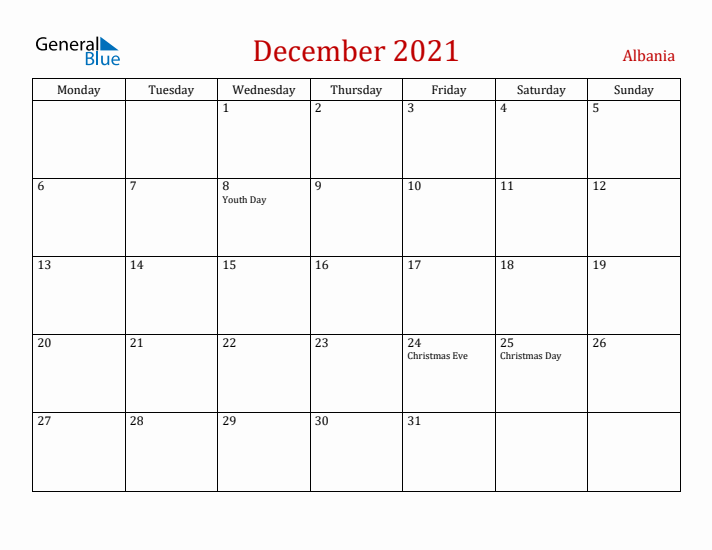 Albania December 2021 Calendar - Monday Start