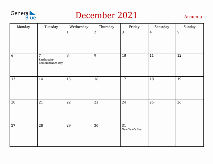 Armenia December 2021 Calendar - Monday Start
