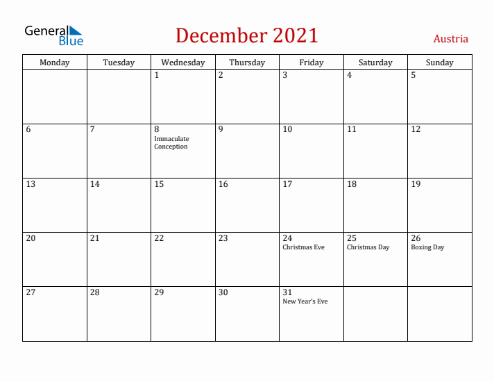 Austria December 2021 Calendar - Monday Start