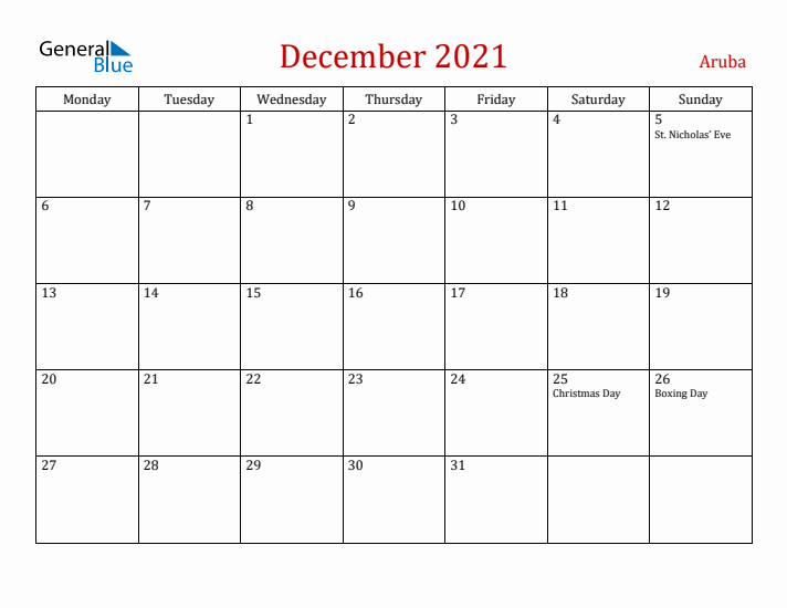 Aruba December 2021 Calendar - Monday Start