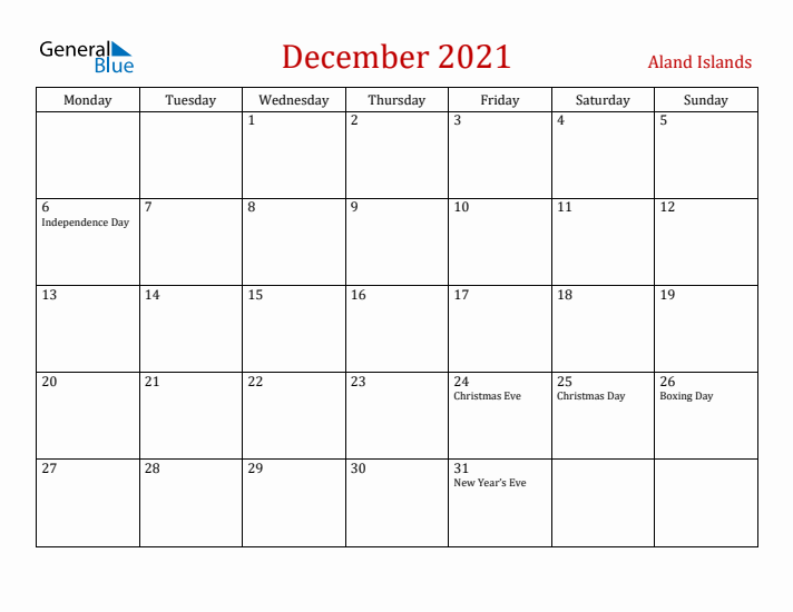 Aland Islands December 2021 Calendar - Monday Start