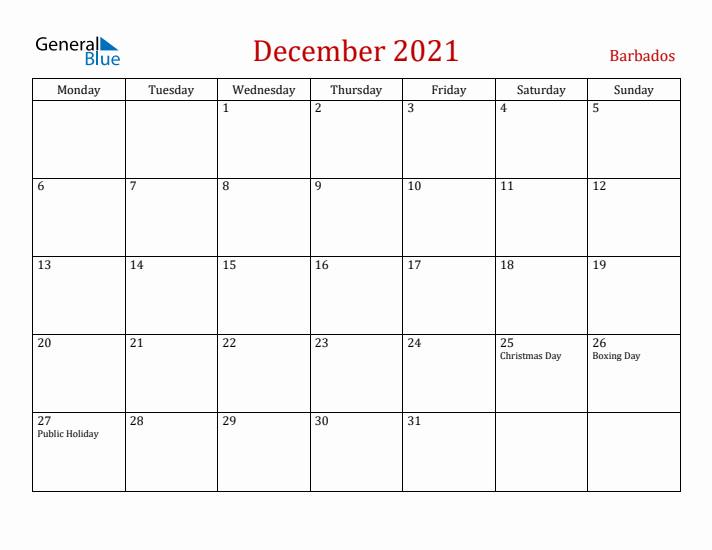 Barbados December 2021 Calendar - Monday Start