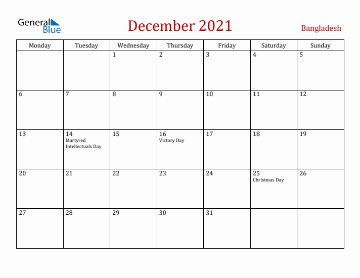 Bangladesh December 2021 Calendar - Monday Start