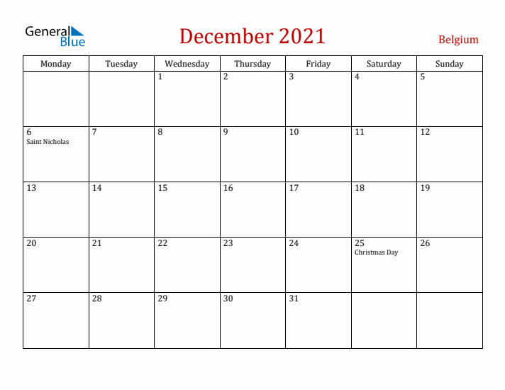 Belgium December 2021 Calendar - Monday Start
