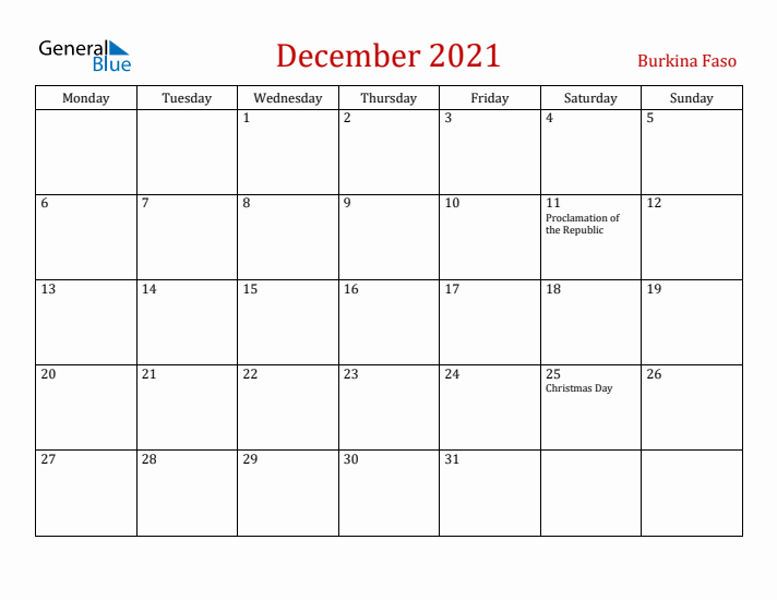 Burkina Faso December 2021 Calendar - Monday Start