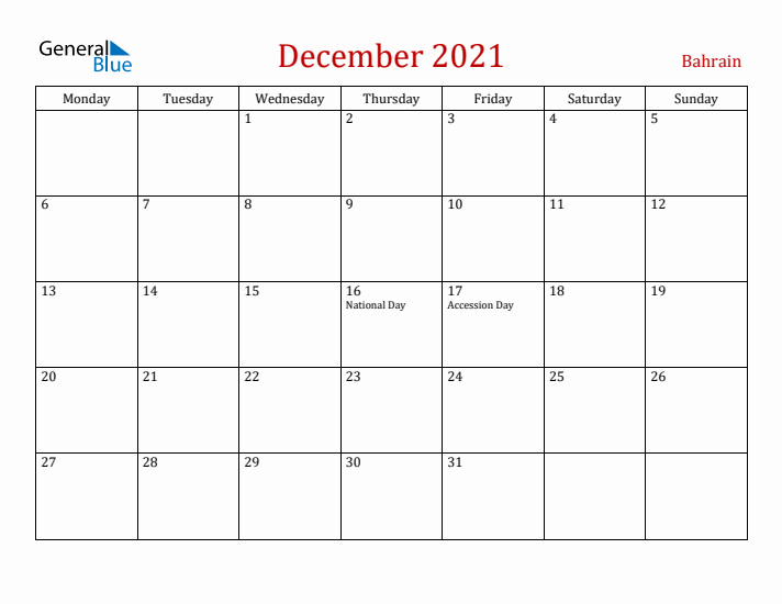 Bahrain December 2021 Calendar - Monday Start