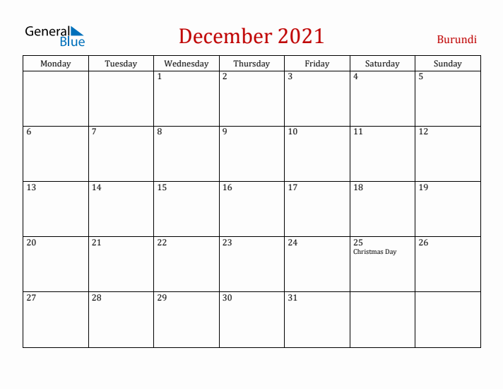 Burundi December 2021 Calendar - Monday Start