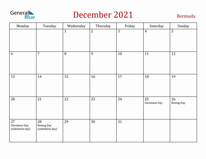 Bermuda December 2021 Calendar - Monday Start