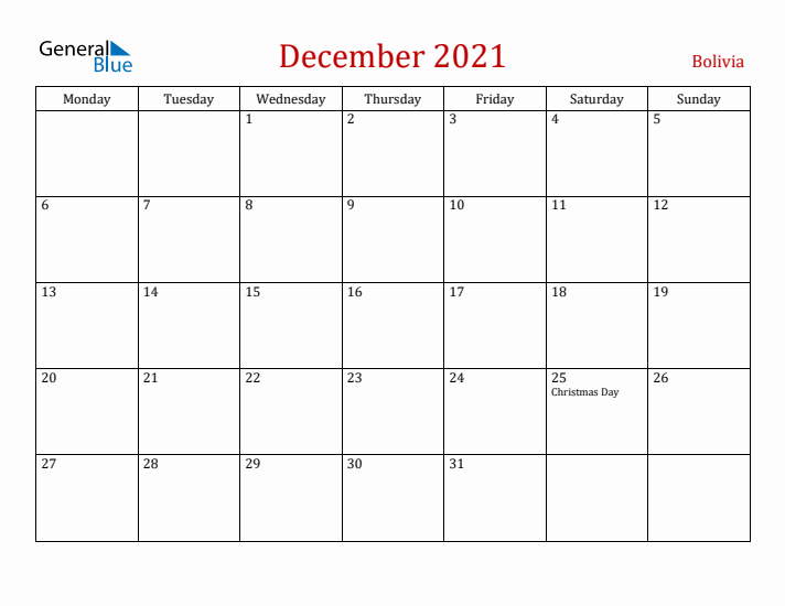 Bolivia December 2021 Calendar - Monday Start