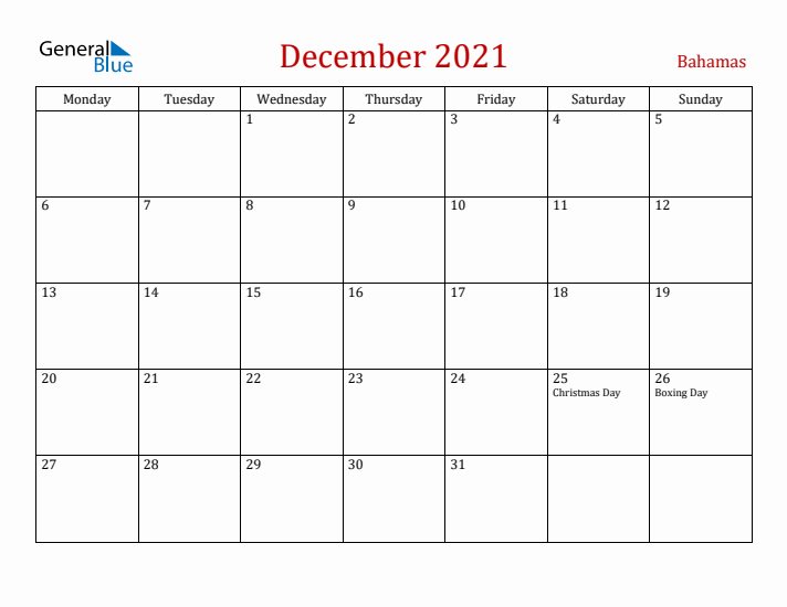 Bahamas December 2021 Calendar - Monday Start
