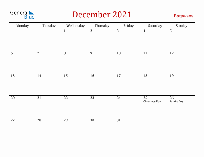 Botswana December 2021 Calendar - Monday Start