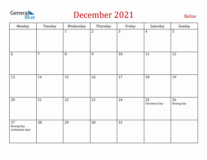 Belize December 2021 Calendar - Monday Start